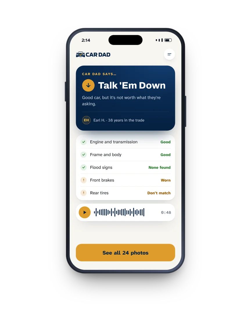 The Car Dad app: paste a listing, send a mechanic, get the verdict